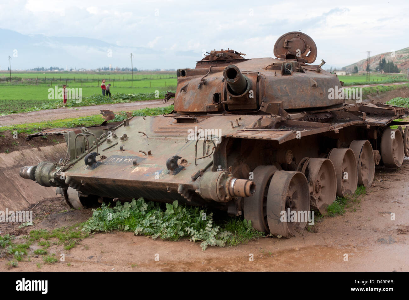 A destroyed tank of the Assad regime, Apamea, Syria Stock Photo