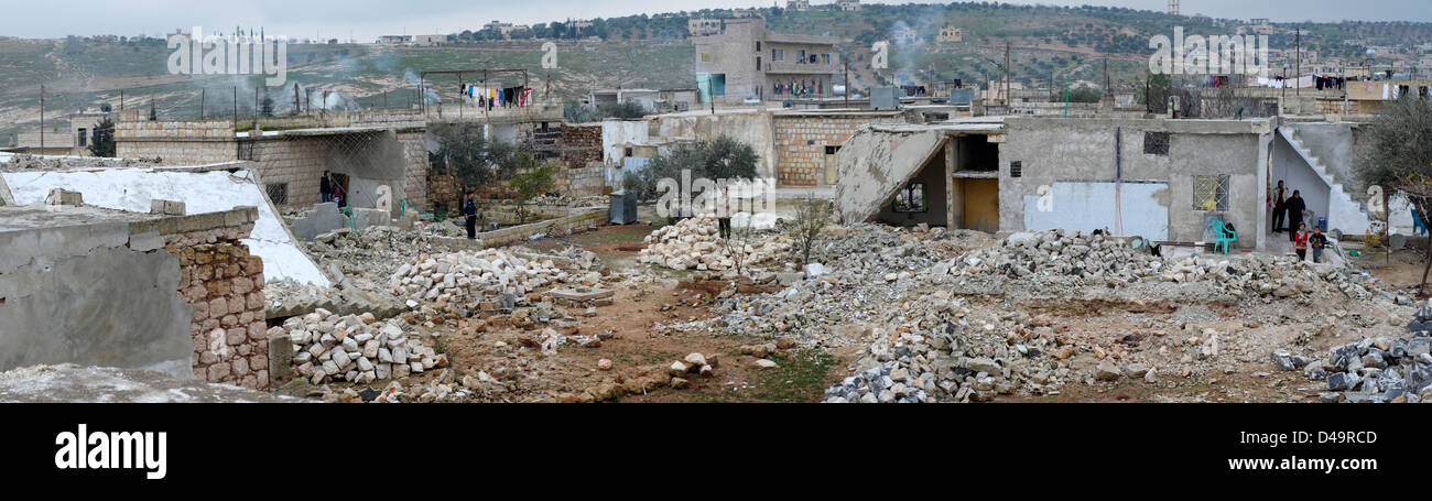 Panoramic picture of the town Maarat Hirmah, destroyed by the Assad regime, Syria Stock Photo