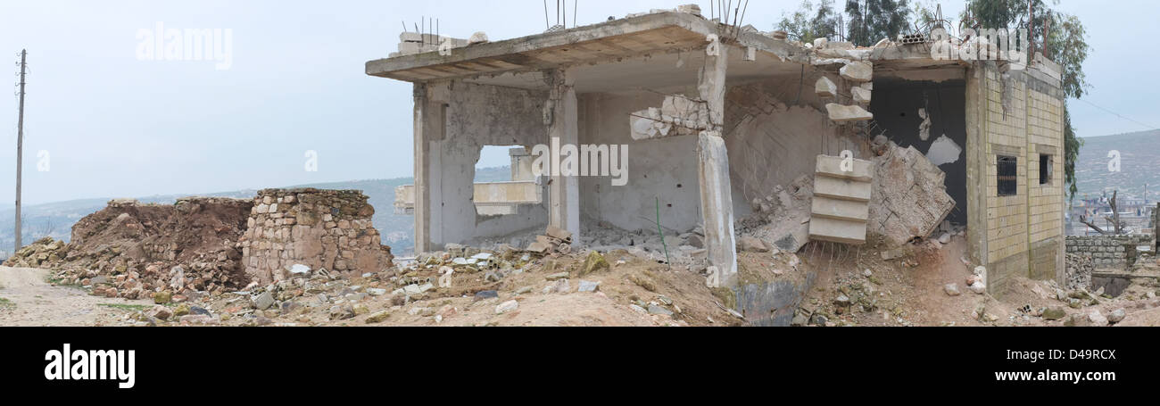 Panoramic picture of the town Maarat Hirmah, destroyed by the Assad regime, Syria Stock Photo