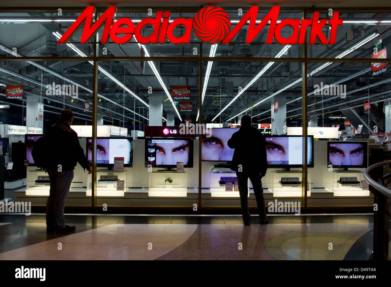 Berlin, Germany, flat screen TV in the window of Media Markt Stock Photo