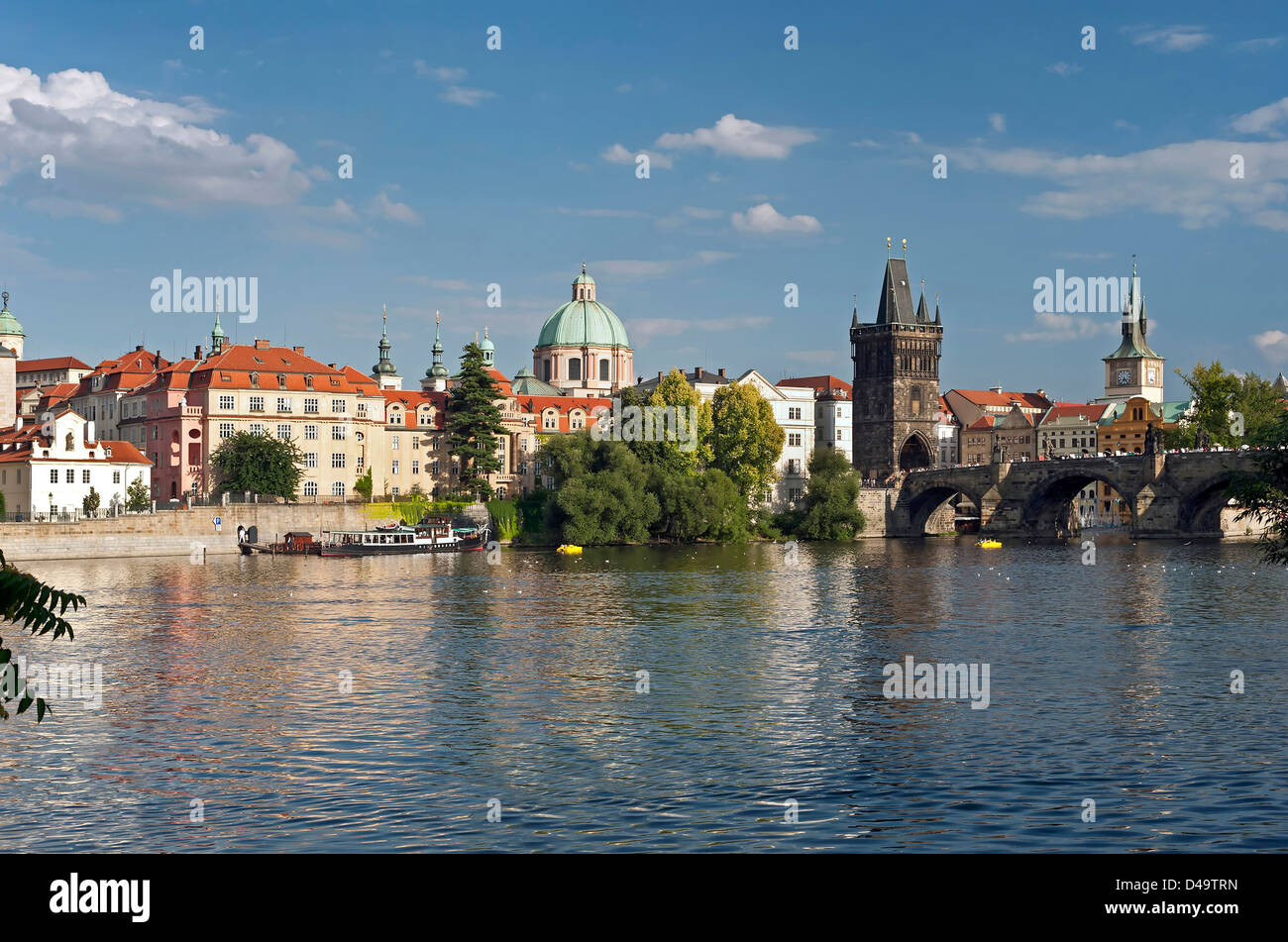 Prague - River Vltava, Charles Bridge, Old Town Bridge Tower and Ales Embankment ( nicknamed Prague's Venice) Stock Photo