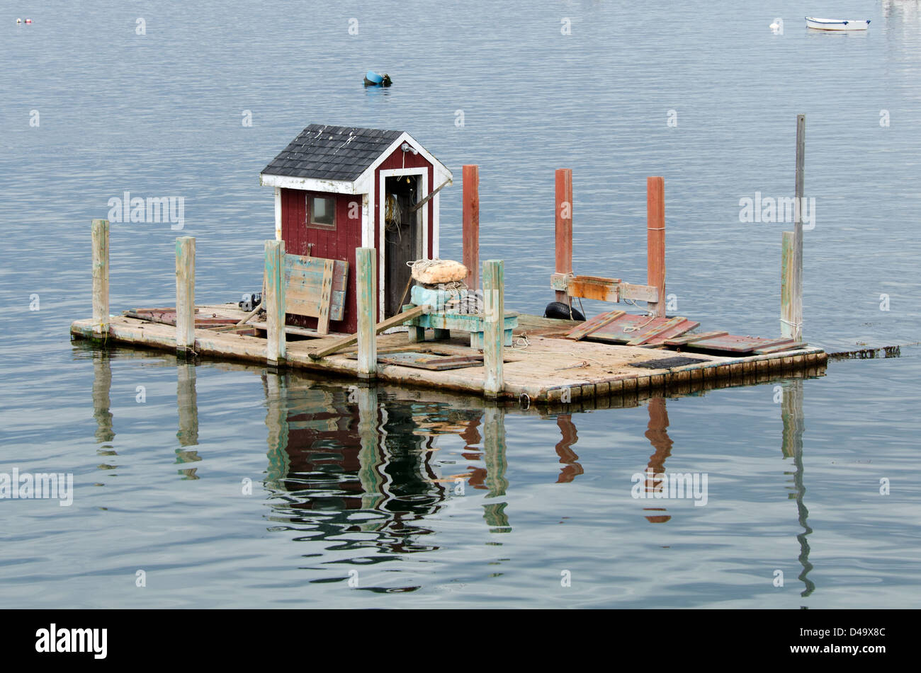 A clever fishing shack floats off Beals Island, Maine. Stock Photo