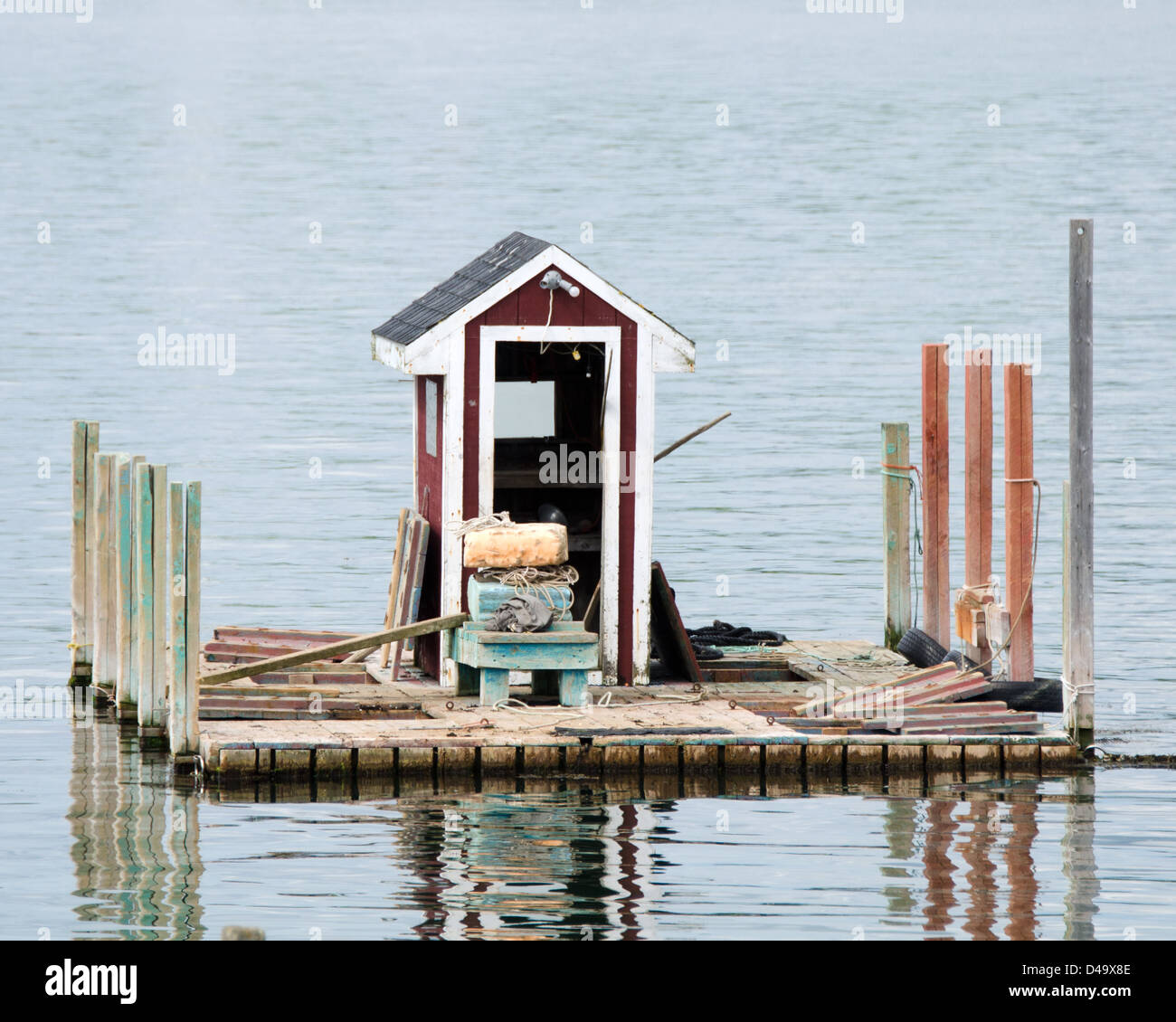 A floating fishing shack off Beals Island, Maine. Stock Photo