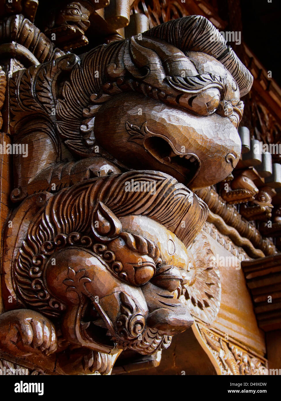 CARVED DETAIL IN NEPALESE PAGODA SOUTHBANK BRISBANE QUEENSLAND AUSTRALIA Stock Photo