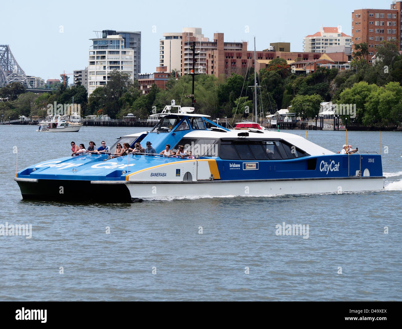 VIEWS OF THE CITYCAT FERRY, BRISBANE RIVER CITY AND SUBURBS  TAKEN FROM FERRY WHILST ON JOURNEY ON FERRY CAT QUEENSLAND AUSTRALIA Stock Photo