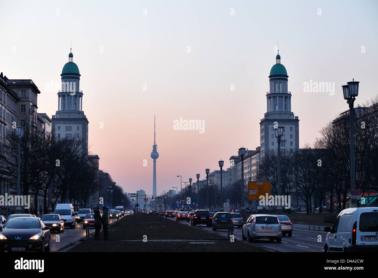Berlin, Germany, Karl-Marx-Allee and the gatehouses at Frankfurter Tor in the evening light Stock Photo