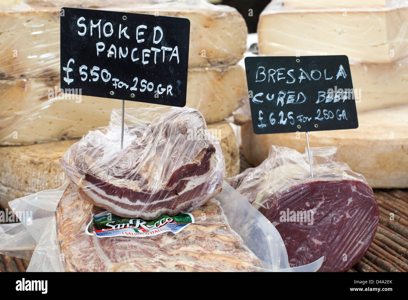 Continental foods; Italian Smoked Pancetta and Bresaola beef, artisan cheeses; International Continental Food Festival in Wigan,   UK Stock Photo