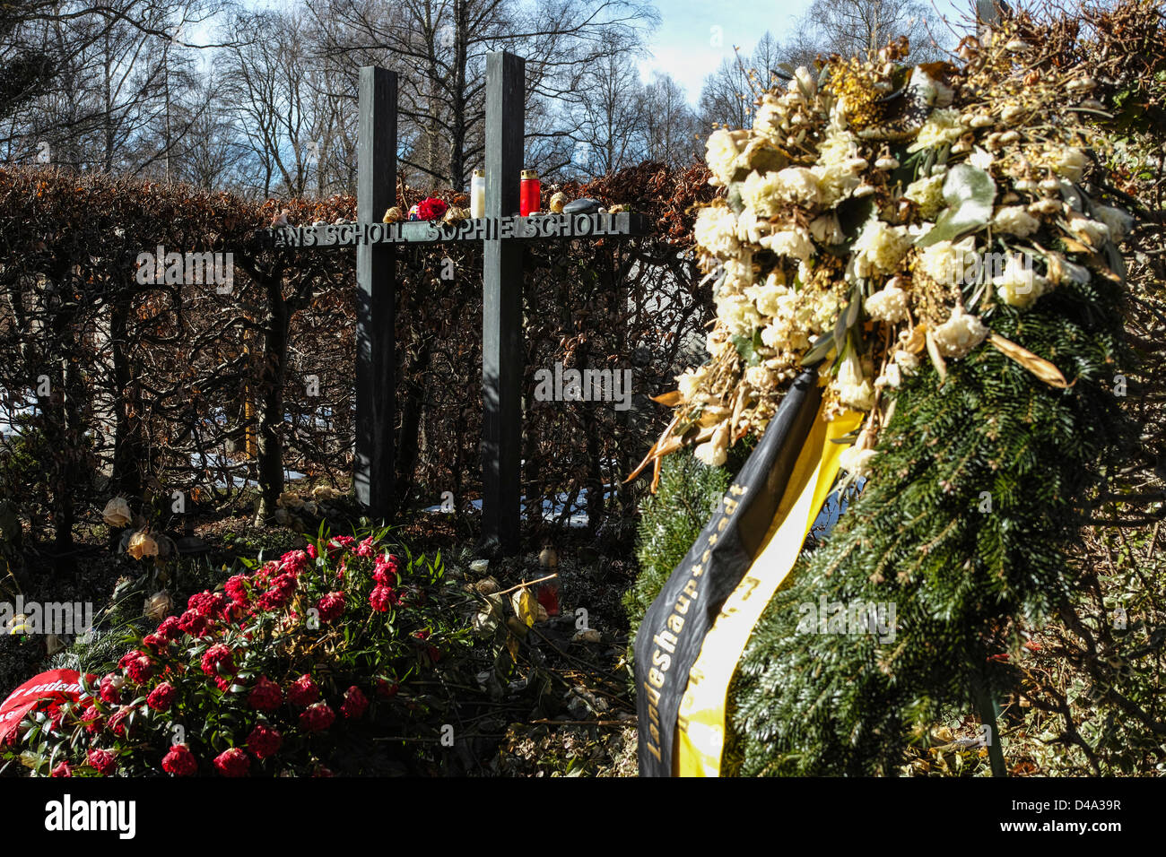 Grave of Sophie Scholl, Hans Scholl, and Christoph Probst from the White Rose resistance group in Munich. Stock Photo