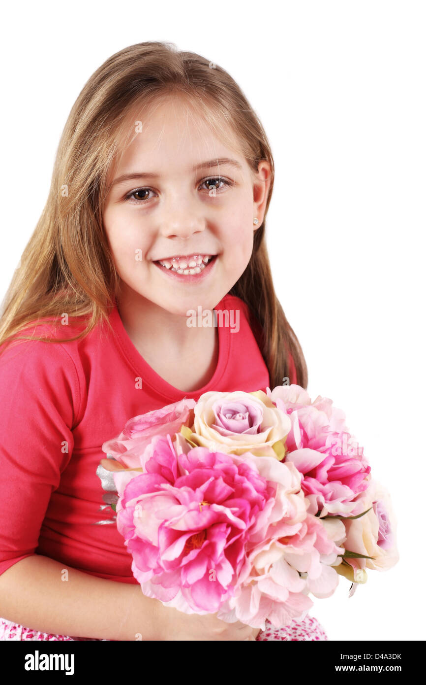 Beautiful little girl with bouquet for Mom or Father Stock Photo - Alamy