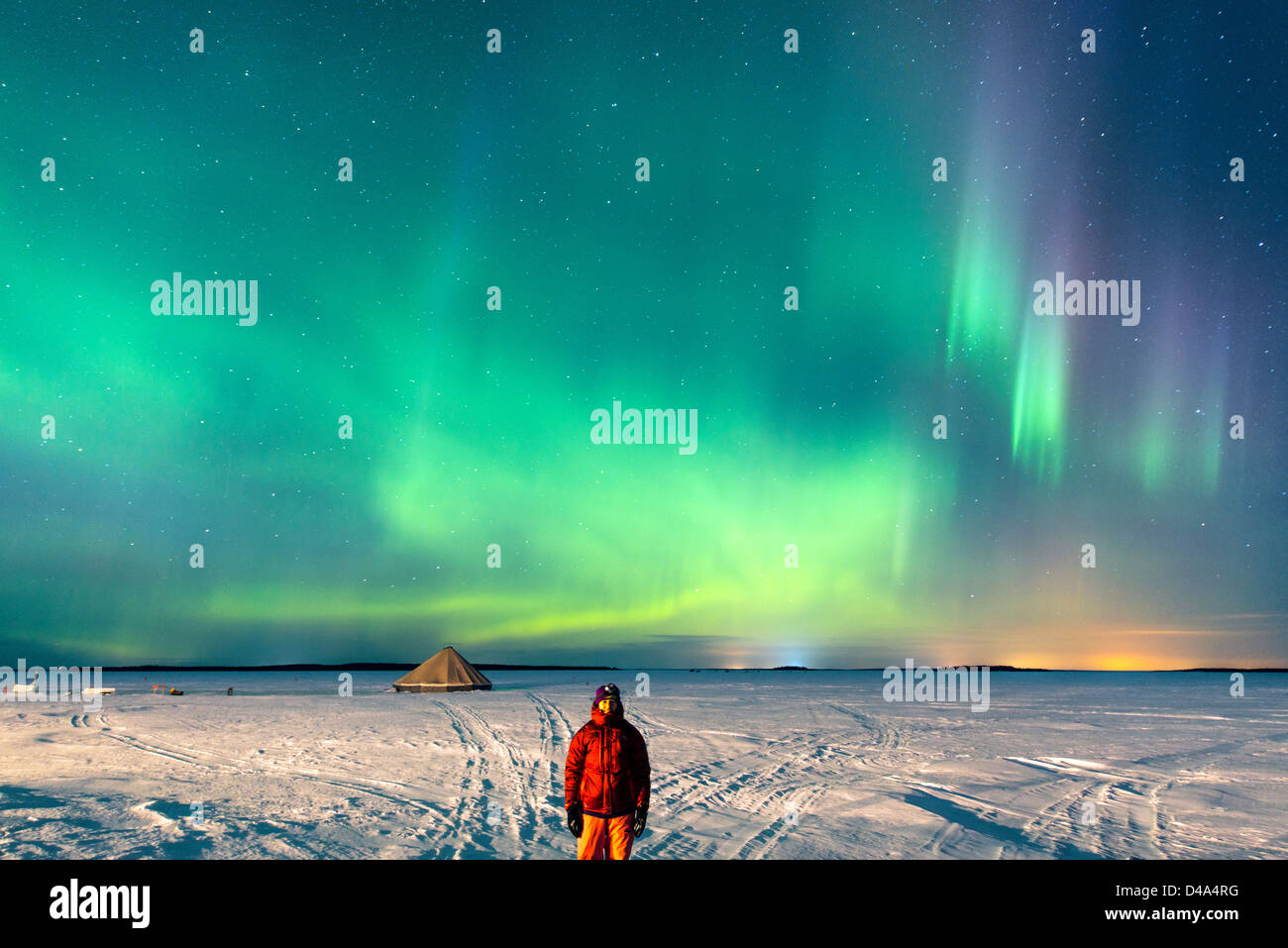 Aurora Borealis (Northern Light) on the frozen sea near Lulea Lapland Sweden Scandinavia Stock Photo