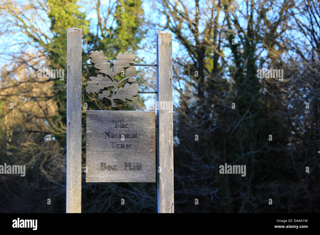 The National Trust Box Hill sign in frost, winter, England Stock Photo ...
