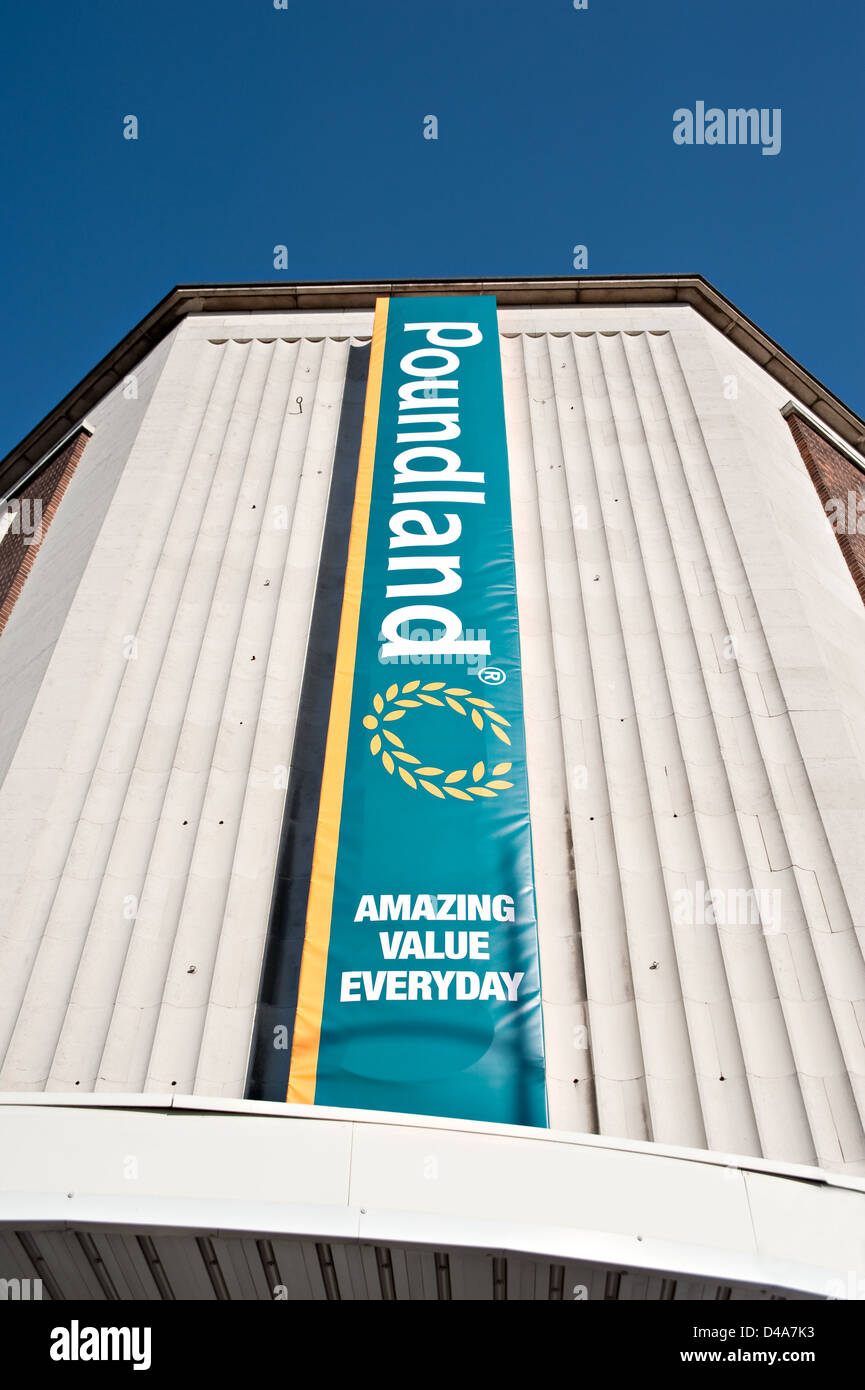 A tall Poundland banner above its new store entrance in Hull, UK Stock Photo