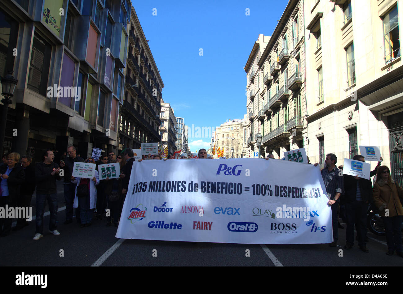 Barcelona, Spain. 10th March, 2013. Protests against Spanish and Catalonian government welfare cuts due to the economic crisis and the imposition of austerity as the remedy to resolve the crisis. Sign against Protect & Gamble layoffs. Stock Photo
