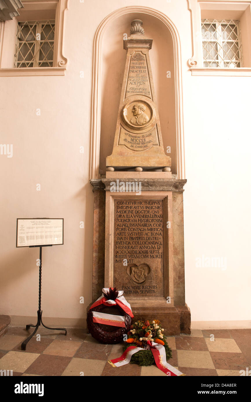 The tomb of the famous physician Theophrastus Bombastus von Hohenheim 'Paracelsus'. St. Sebastian's Cemetery, Salzburg, Austria. Stock Photo