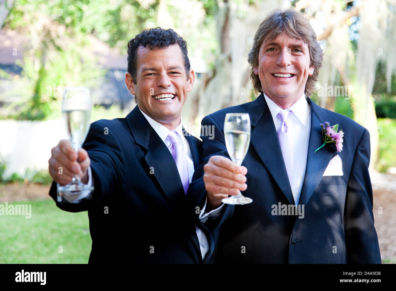 Handsome gay wedding couple toasting their marriage with champagne.  Stock Photo