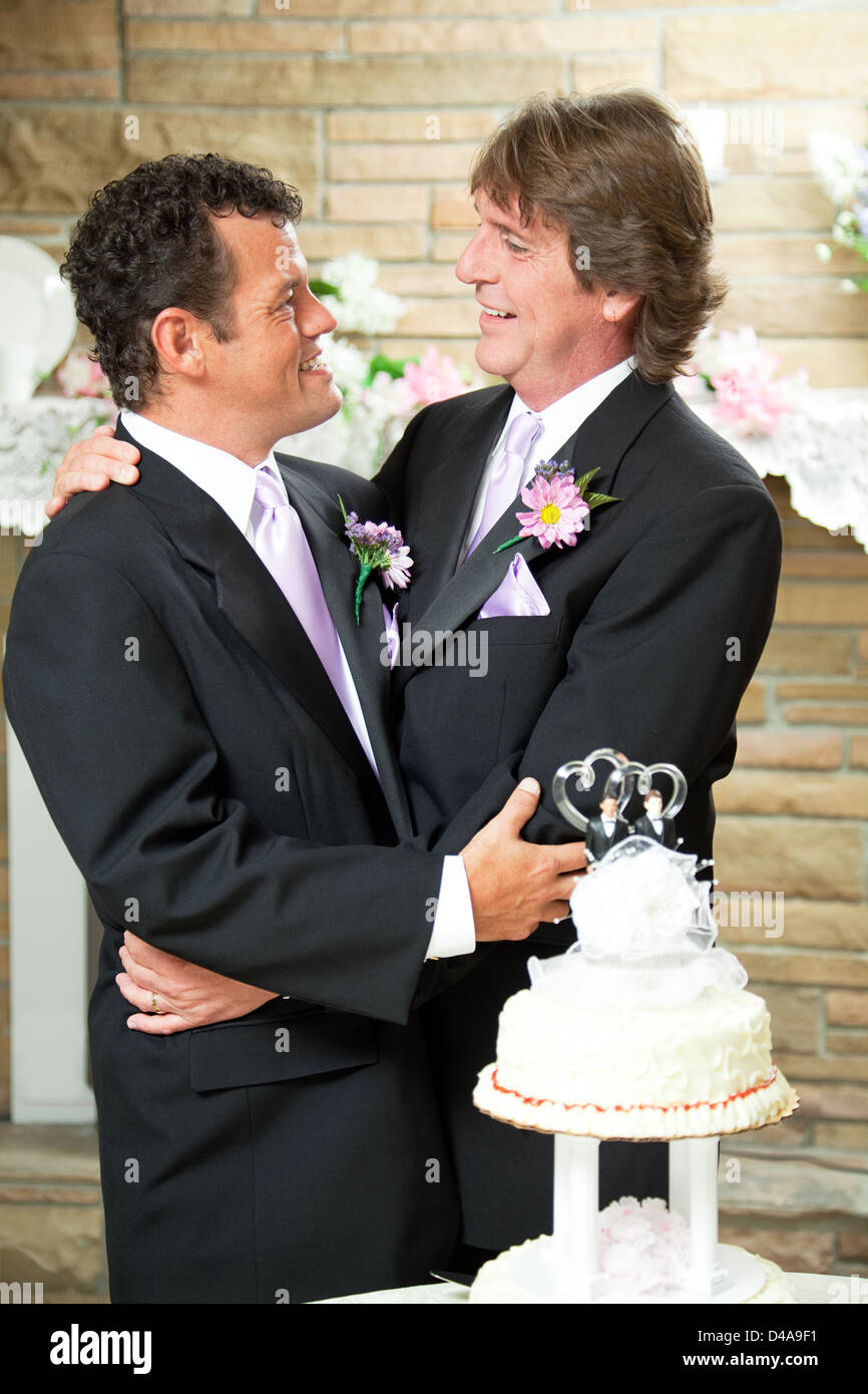 Handsome Gay couple embracing at their wedding reception.  Stock Photo