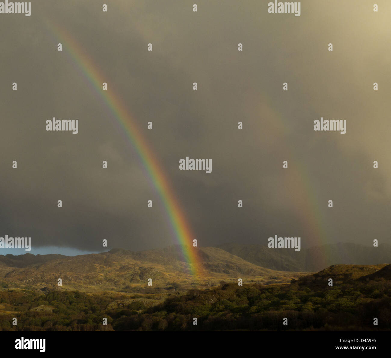 Double Rainbow at Llyn Dinas, North Wales Stock Photo