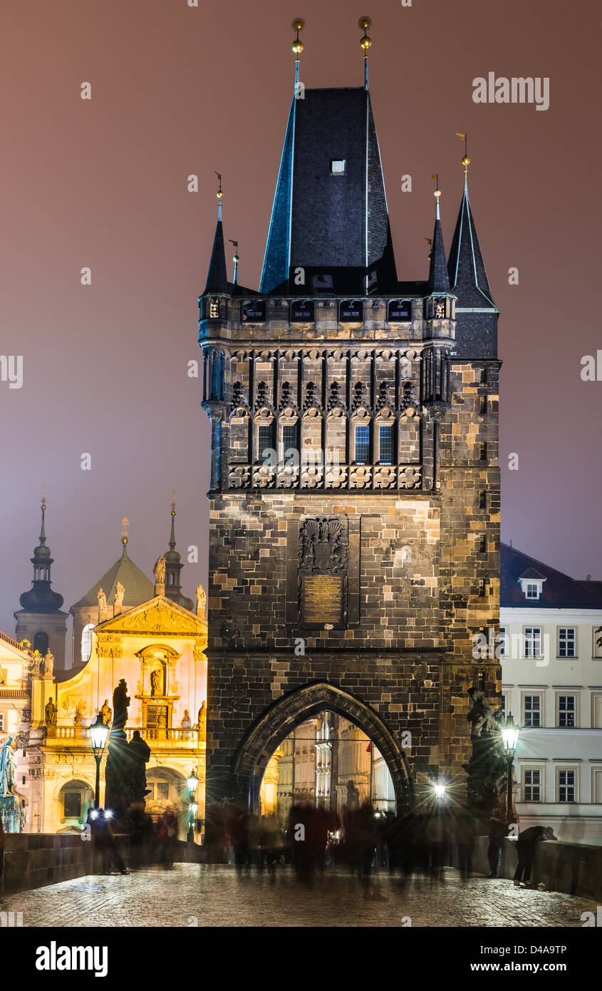 Stare Mesto Tower, was built in 14th century, fitting ornament to the new Charles Bridge (Karluv Most). Prague, Czech Republic. Stock Photo
