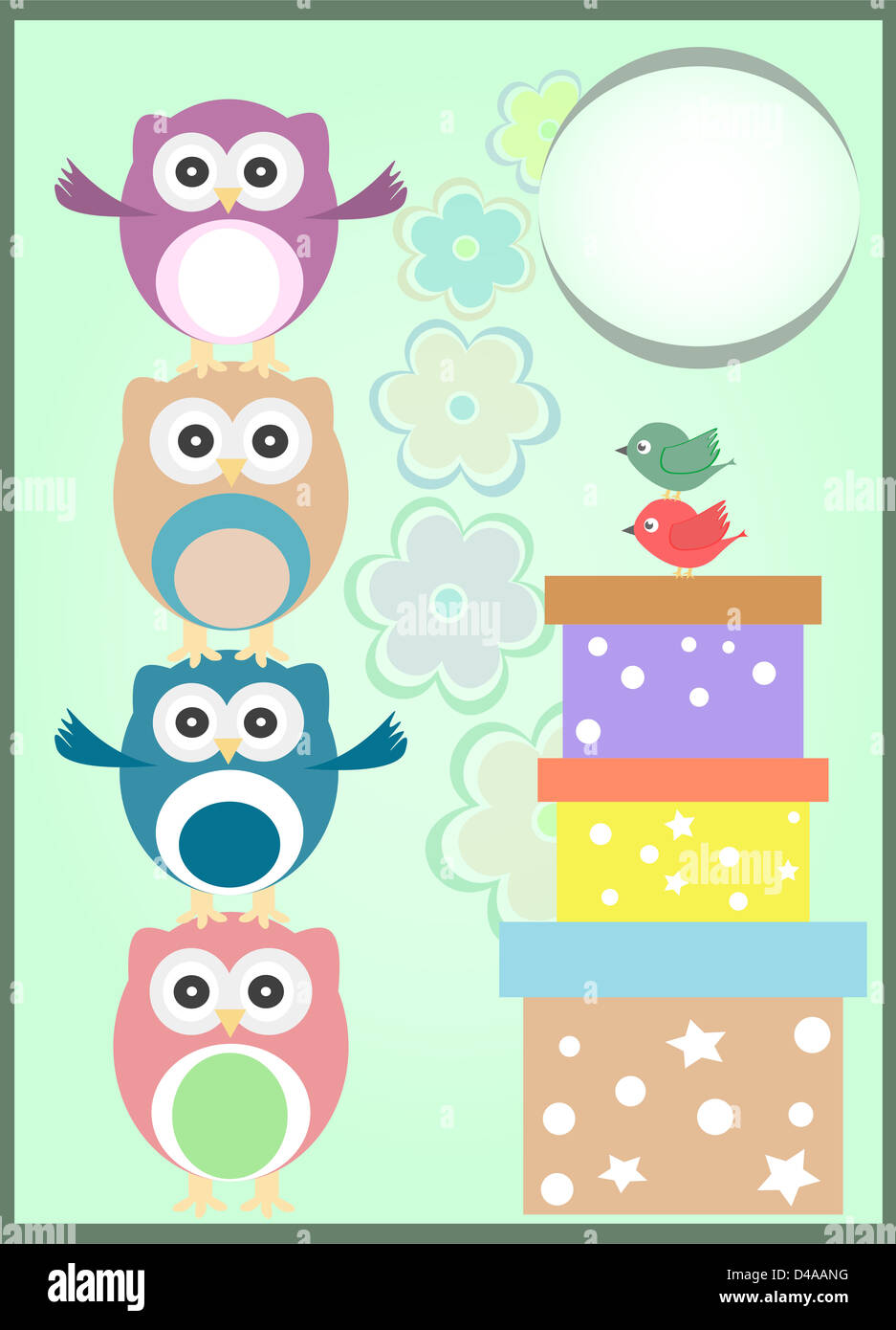 happy birthday card with cute owls and gift boxes Stock Photo - Alamy