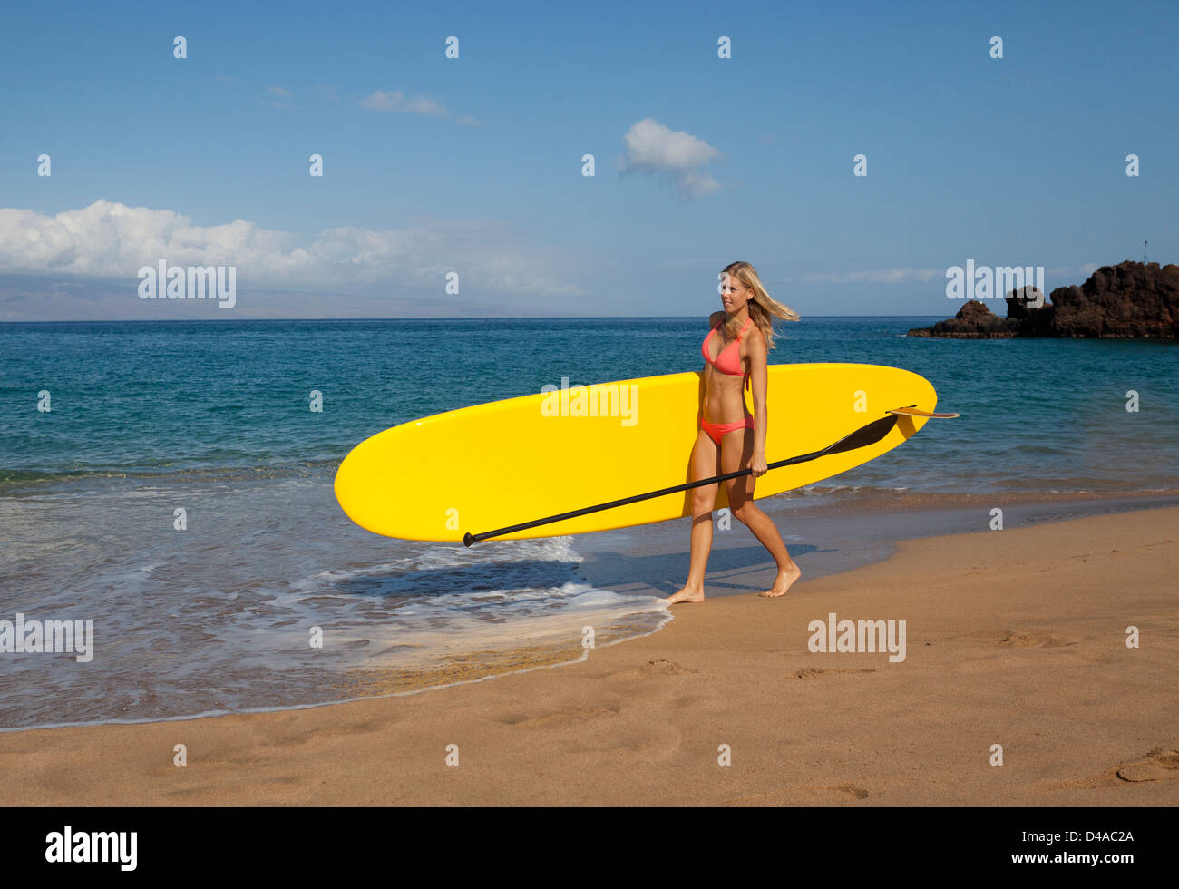 Attractive, healthy woman with a stand up paddle board at Ka'anapali