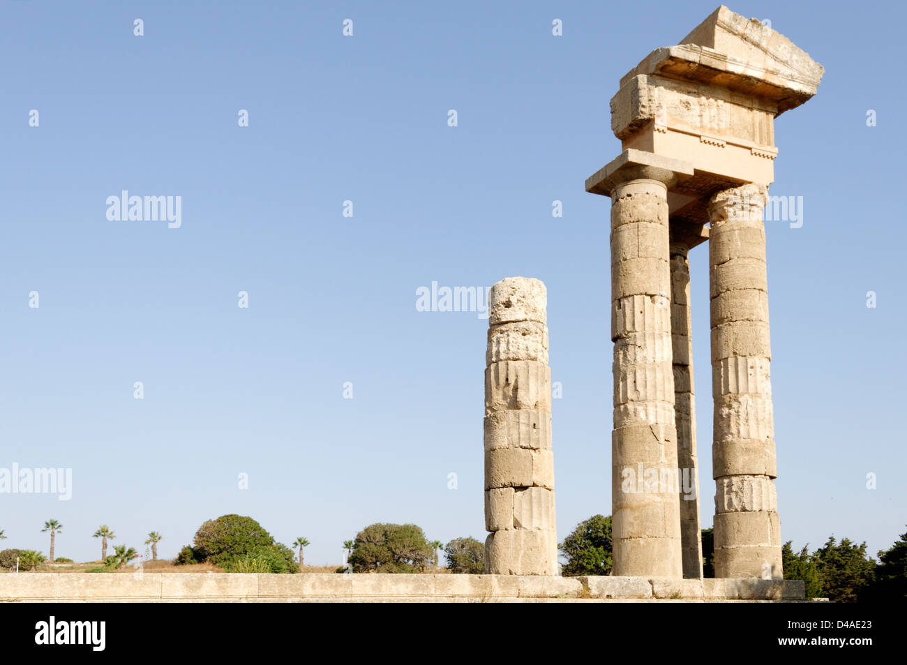 Rhodes. Greece. Remaining columns of the 3rd century BC Temple of Pythian Apollo on Monte Smith, a hill west of Rhodes Town. Stock Photo