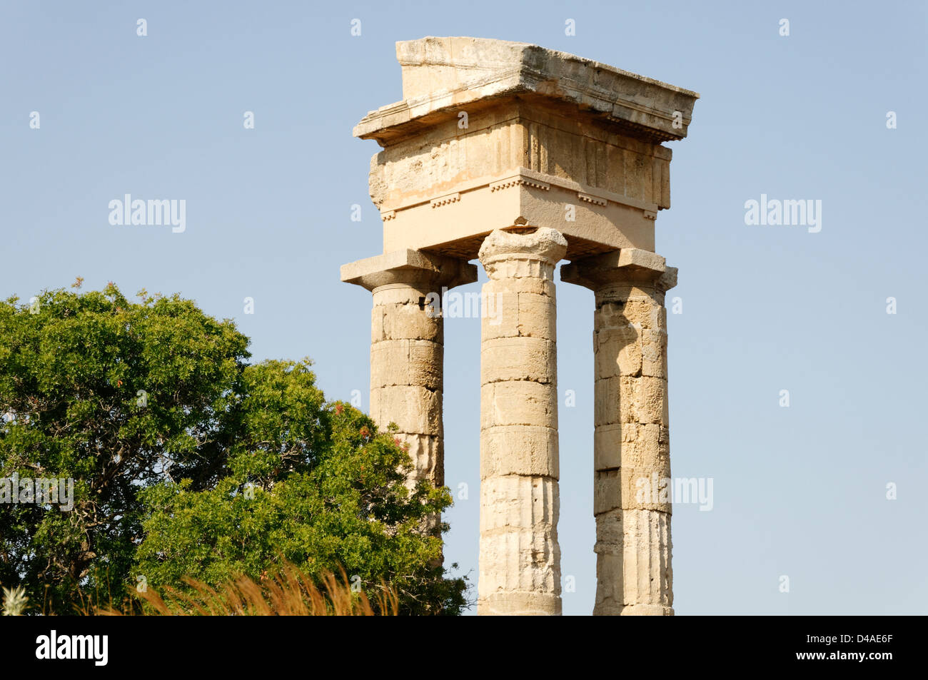 Rhodes. Greece. Remaining columns of the 3rd century BC Temple of Pythian Apollo on Monte Smith, a hill west of Rhodes Town. Stock Photo