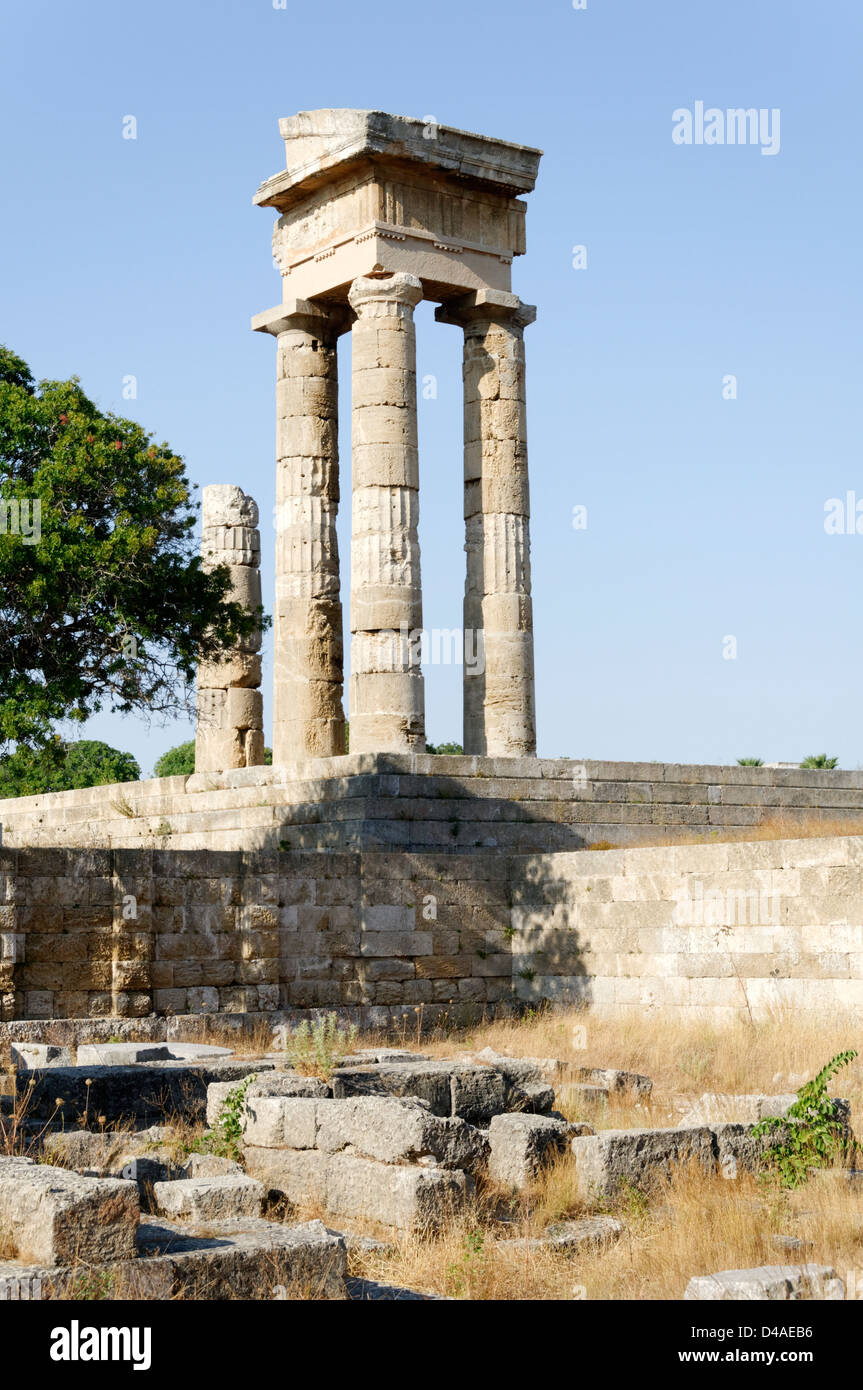Rhodes. Greece. Remaining columns of the 3rd century BC Temple of Pythian Apollo on Monte Smith, a hill west of Rhodes Town. Stock Photo