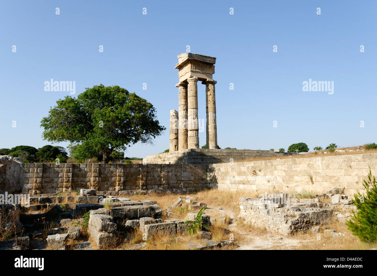 Rhodes. Greece. Remaining columns of the 3rd century BC Temple of Pythian Apollo on Monte Smith, a hill west of Rhodes Town. Stock Photo
