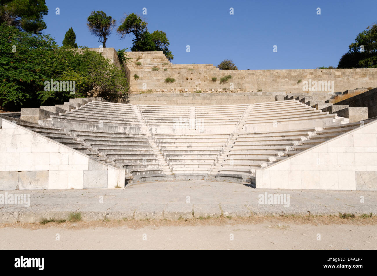 Rhodes. Greece. The restored 3rd century BC Classical theatre or odeion on Monte Smith, a hill to the west of Rhodes Town. Stock Photo