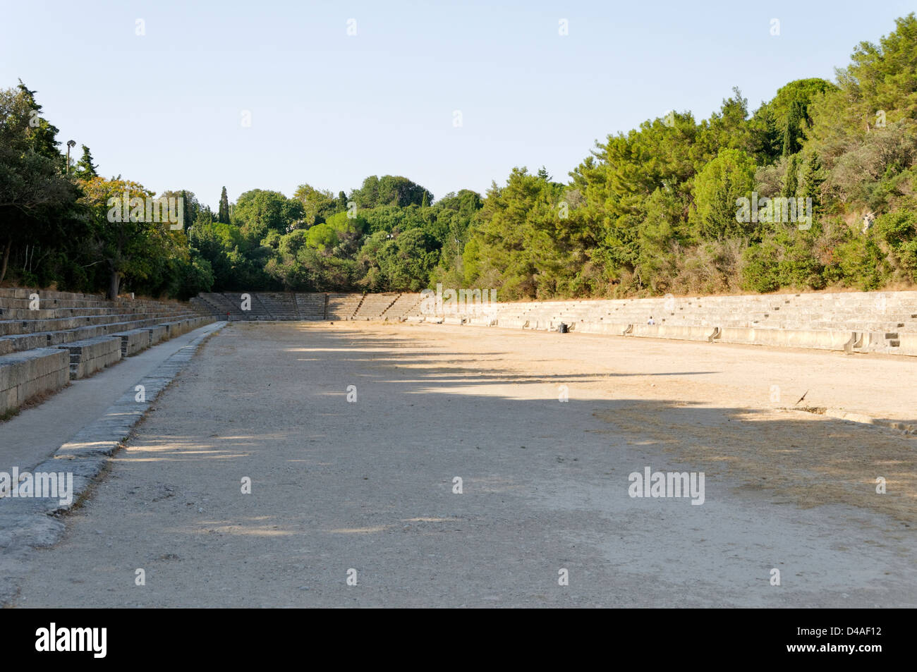 Rhodes. Greece. The restored 2nd century BC stadium (200 metres long, 35 m wide) on Monte Smith, a hill west of Rhodes Town. Stock Photo
