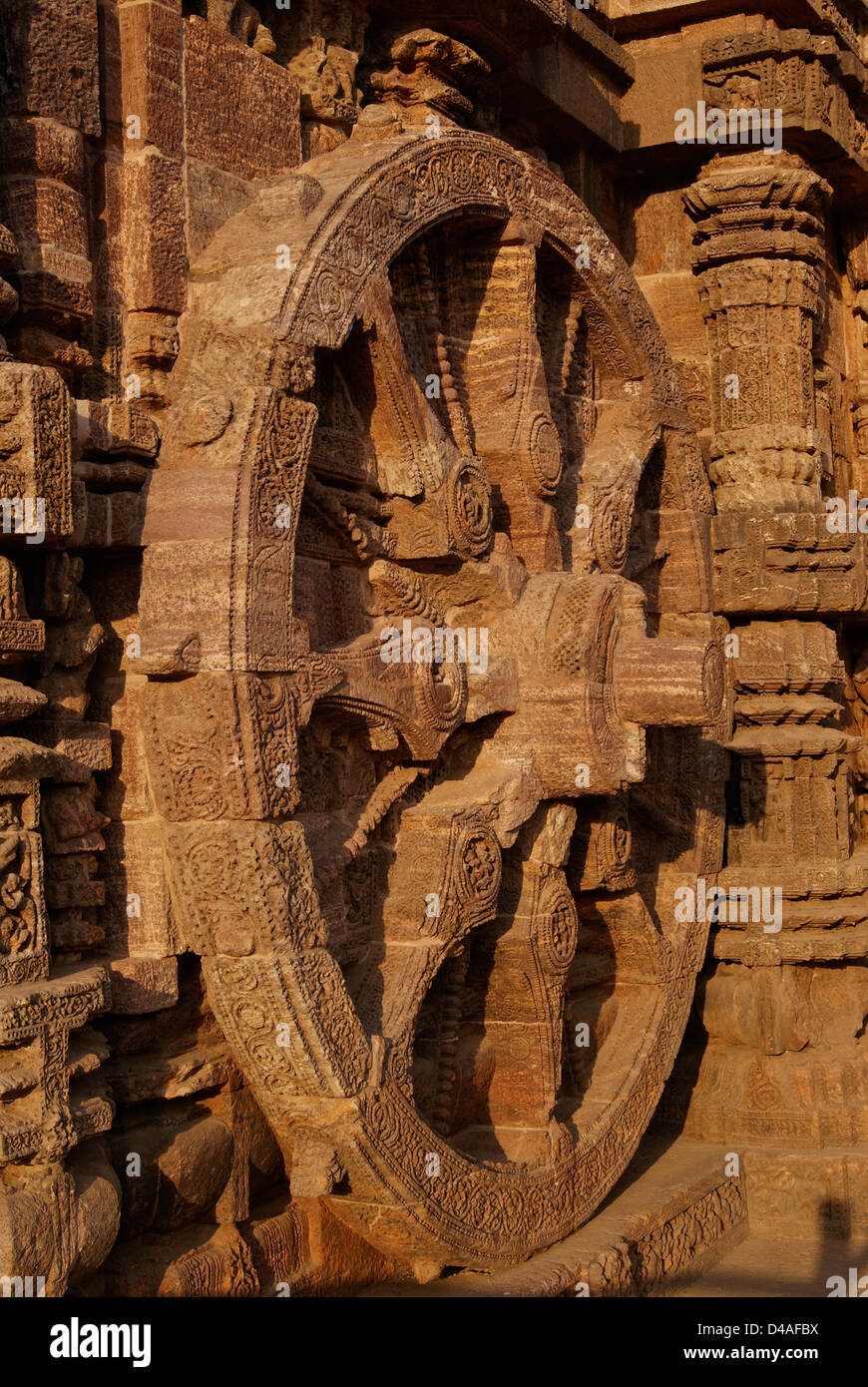 Chariot Wheel Stone carved 13th Century Sculpture on Konark Sun Temple (UNESCO Site) India.Konark Wheel resemble sun chariots Stock Photo