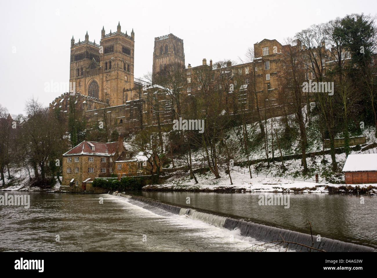 Durham Catherdial and River Wear with snow, Durham England Stock Photo