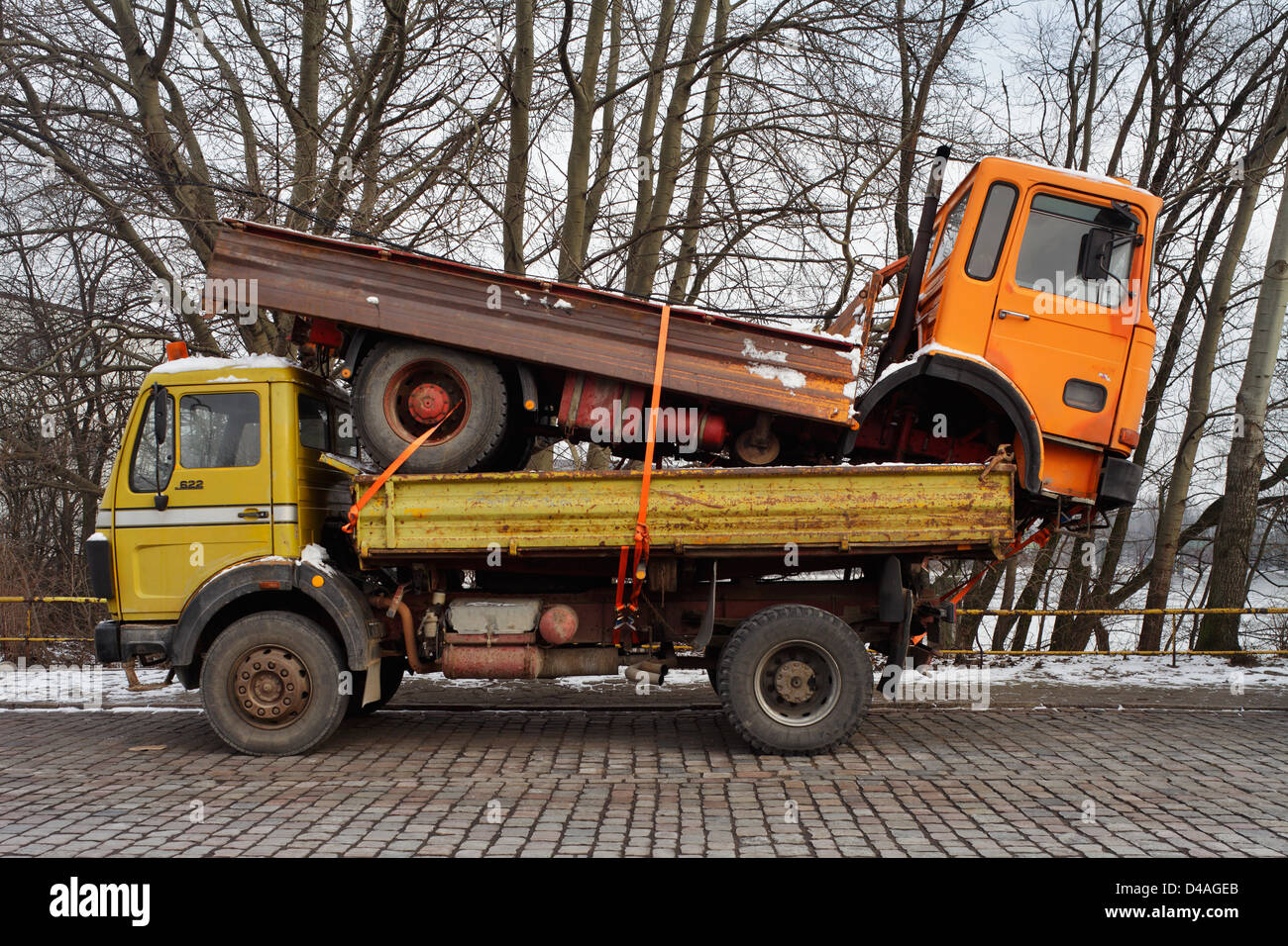 Hamburg, Germany, an old truck on the loading area of a specific truck in the port of Hamburg Stock Photo