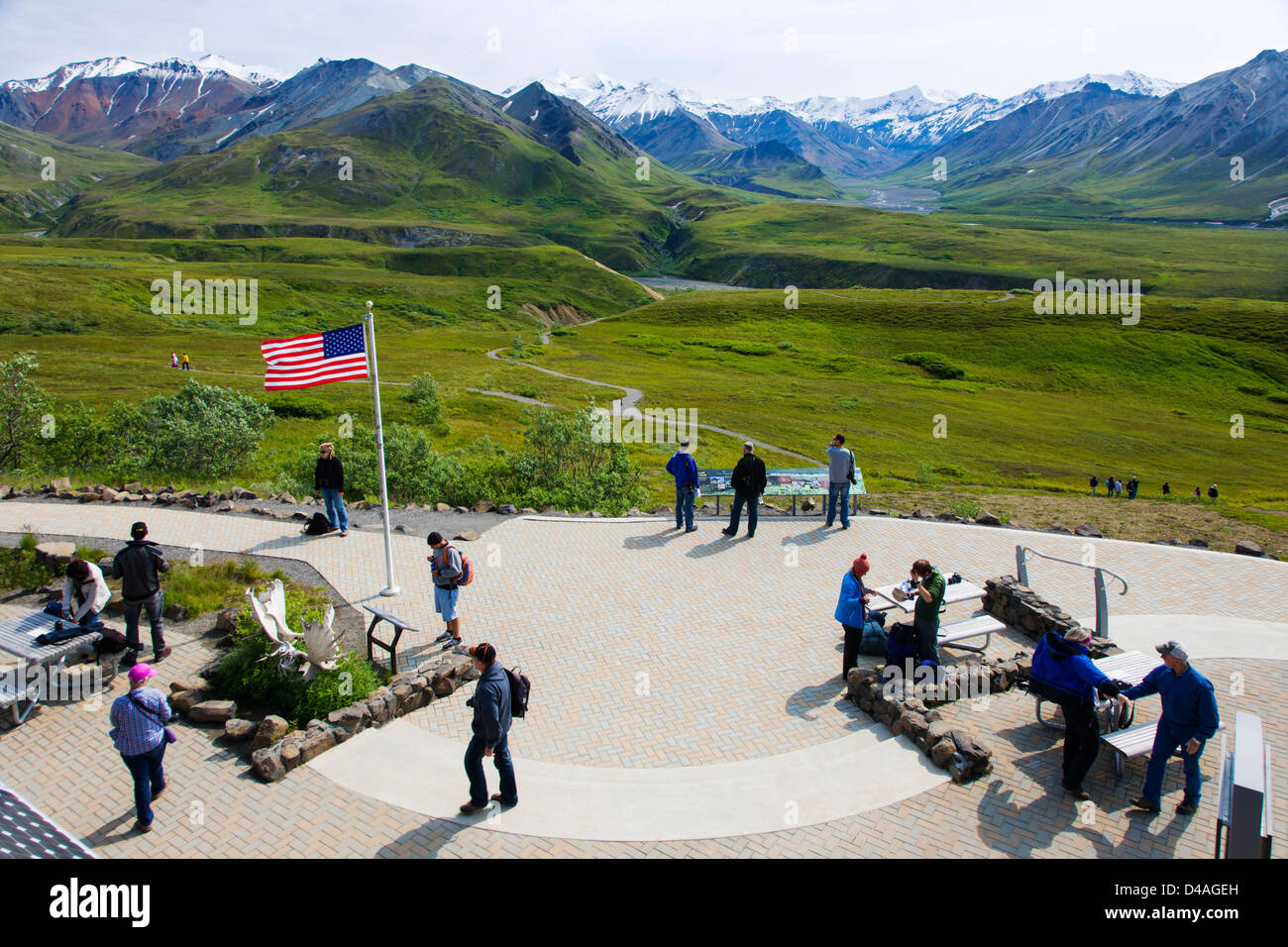 Park visitors and view south of Alaska Range, Eielson Visitor Center, Denali National Park & Preserve, Alaska, USA Stock Photo