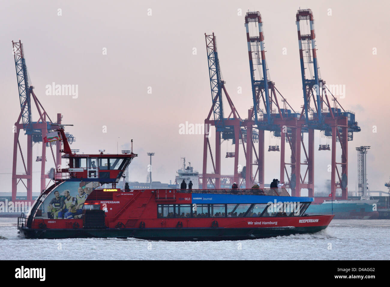 Hamburg, Germany, and Hafenfaehre Containerbruecken in Hamburg harbor Stock Photo