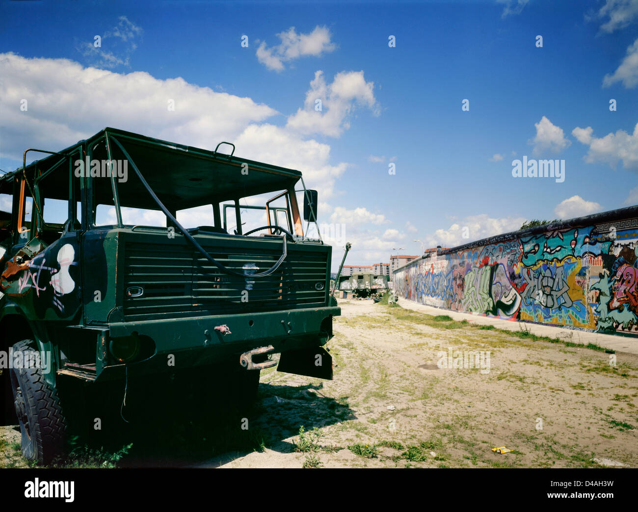 Berlin, Germany, old army truck and timber buildings in Leipziger Platz Stock Photo
