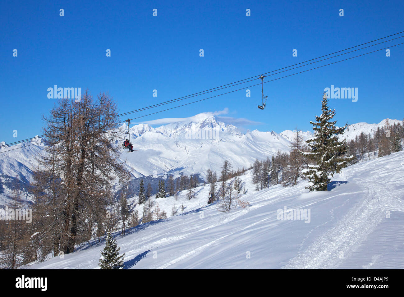 Vallandry chairlift with Mont Blanc behind, Peisey-Vallandry, Les Arcs, Savoie, France, Europe Stock Photo