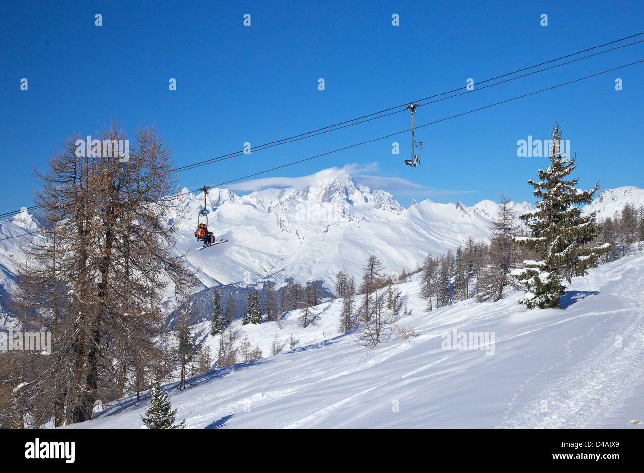 Vallandry chairlift with Mont Blanc behind, Peisey-Vallandry, Les Arcs, Savoie, France, Europe Stock Photo