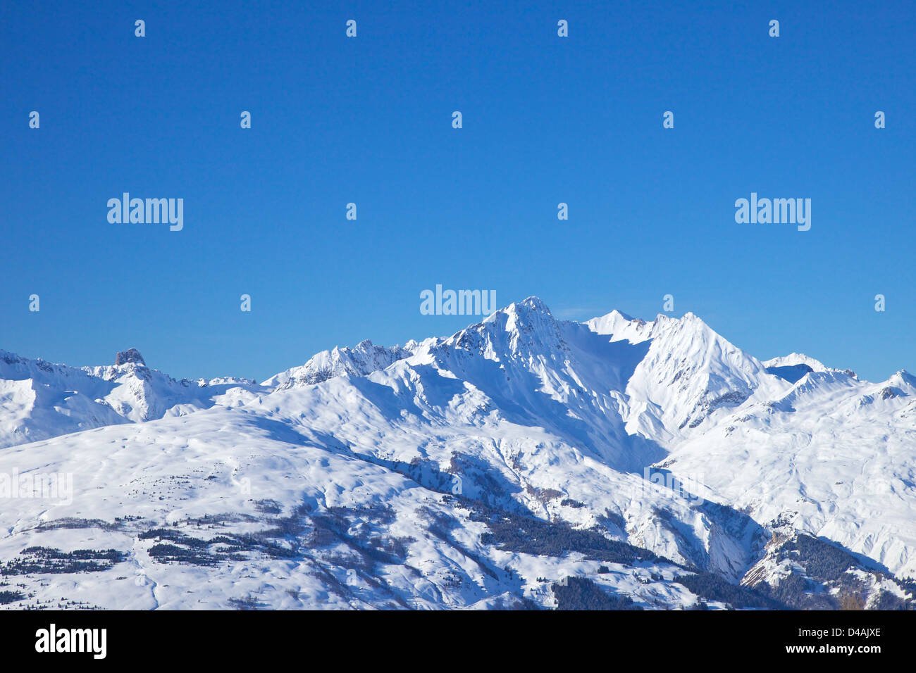 View of french alps from Les Coches, La Plagne, Savoie, France, Europe Stock Photo