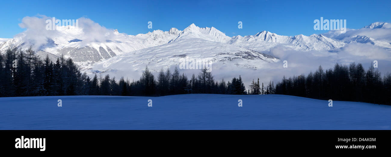 Panoramic photo of Mont Blanc Massif from Les Coches, Les Arcs, Savoie, France, Europe Stock Photo