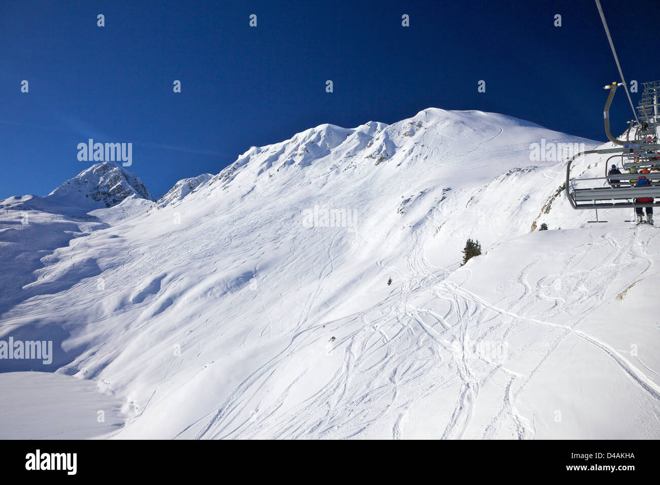 Mountain views from chair-lift early morning in winter, La Plagne, France, Europe Stock Photo