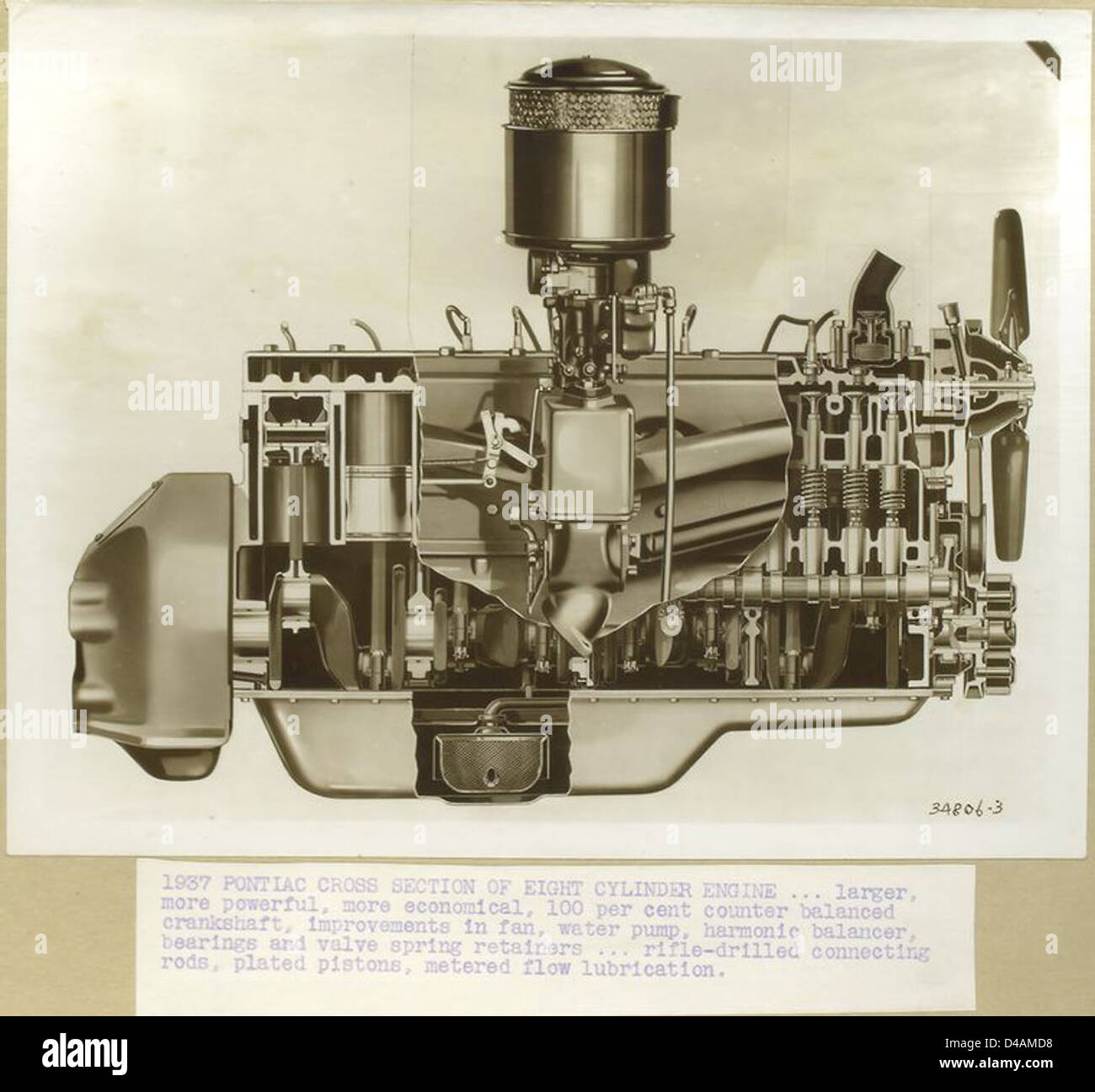 A 1937 cross-sectional view of an eight-cylinder engine produced by Pontiac, demonstrating the intricate internal components. This photograph is part of the New York Public Library's historical automotive collection. Stock Photo