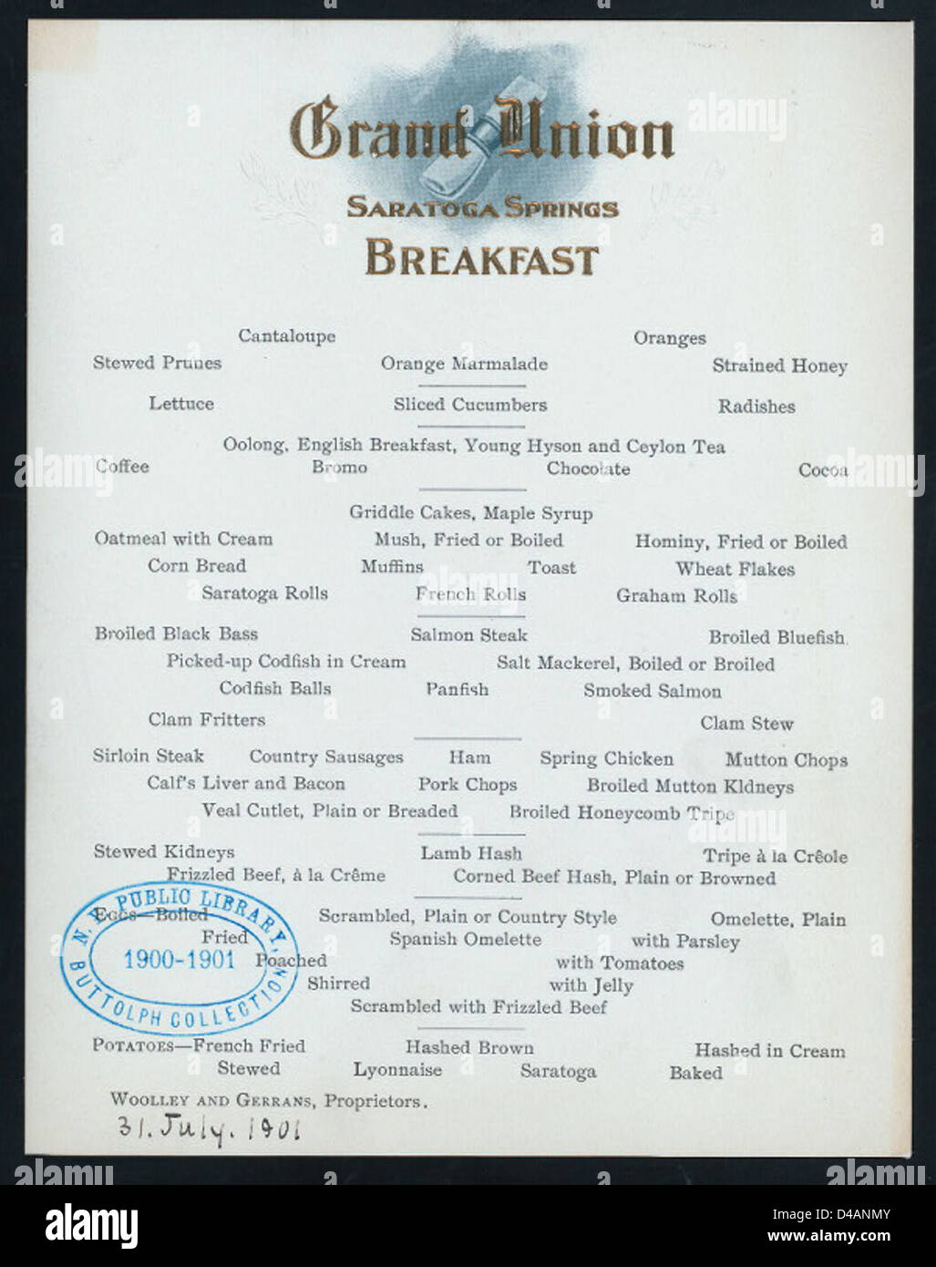 BREAKFAST [held by] GRAND UNION [at] 'SARATOGA SPRINGS, NY' ... Stock Photo