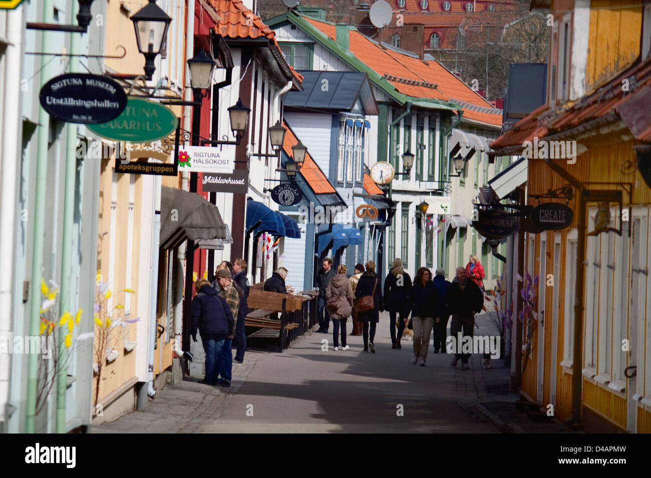Europe; Scandinavia; Sweden; Swedish; Stockholm; Sigtuna; Village; Town; Wood; House; Typical; Street; People; Person; Walking; Stock Photo