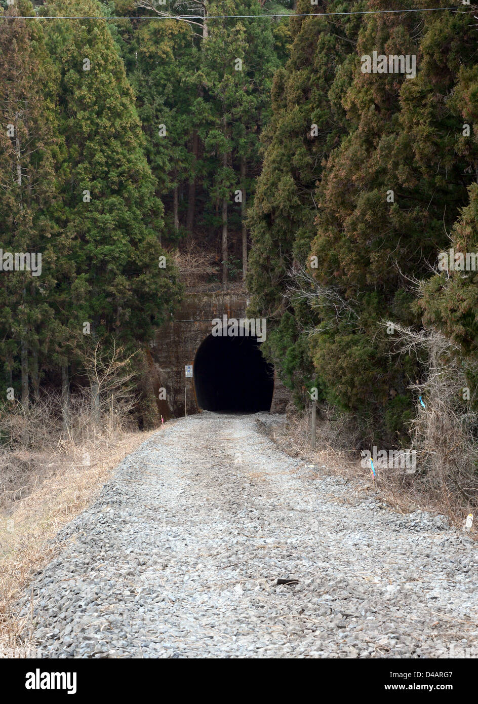 March 8, 2013, Minami-Sanriku, Japan - Only empty track bed go into the tunnel along the local Kesennuma Line near Minami-Sanriku township, Miyagi Prefecture, on March 8. The township along the Pacific coast is one of the worst hit areas when the Magnitude 9.0 earthquake and ensuing tsunami struck the nation's northeast region, leaving more than 15,000 people dead and ravaging wide swaths of coastal towns and villages two years ago on March 11.  (Photo by Natsuki Sakai/AFLO) Stock Photo