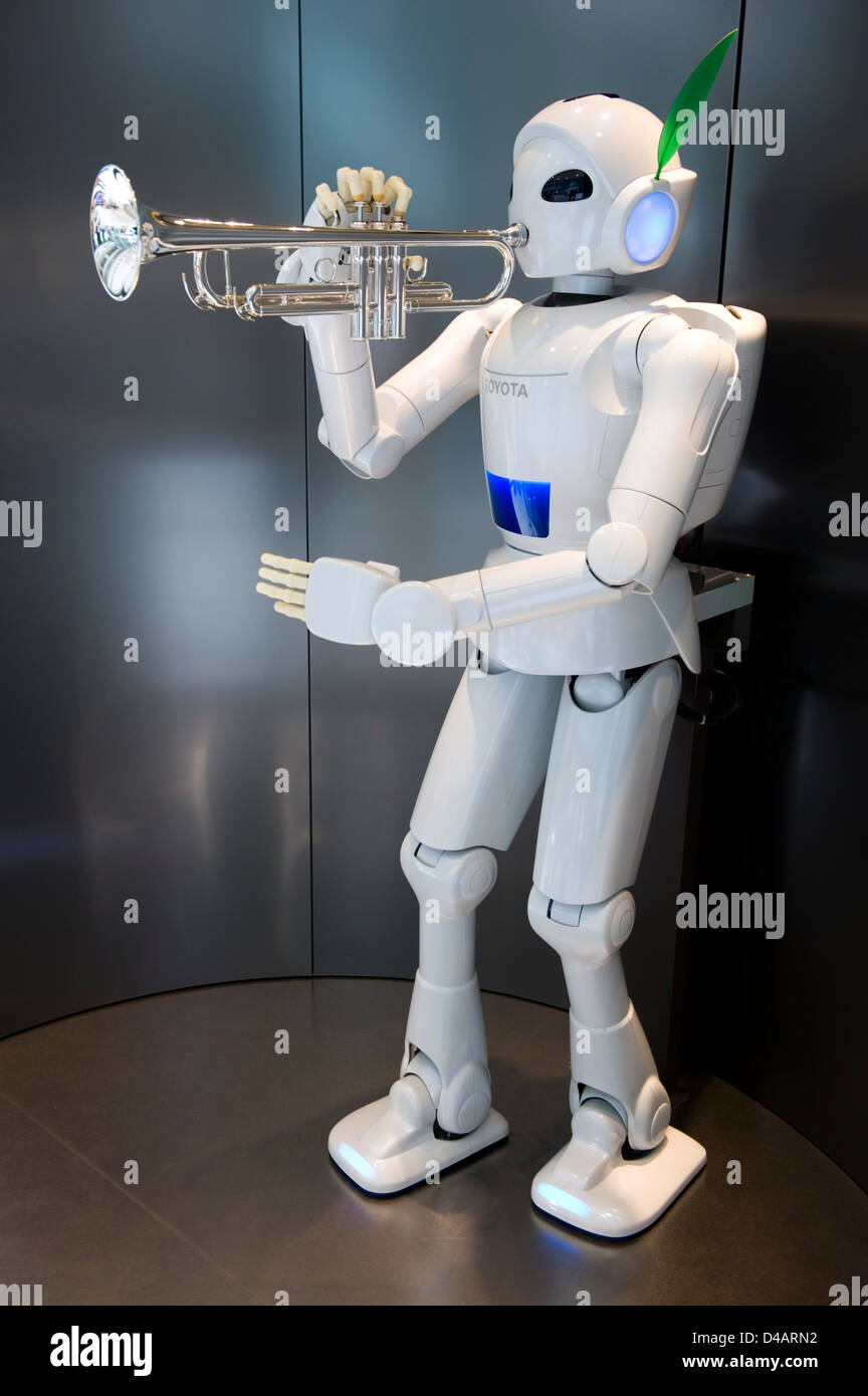 A white, humanoid, trumpet-playing 'Toyota Partner Robot' on display at the Toyota Kaikan Visitor's Center in Toyota City, Japan Stock Photo