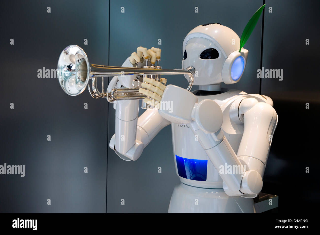 A white, humanoid, trumpet-playing 'Toyota Partner Robot' on display at the Toyota Kaikan Visitor's Center in Toyota City, Japan Stock Photo