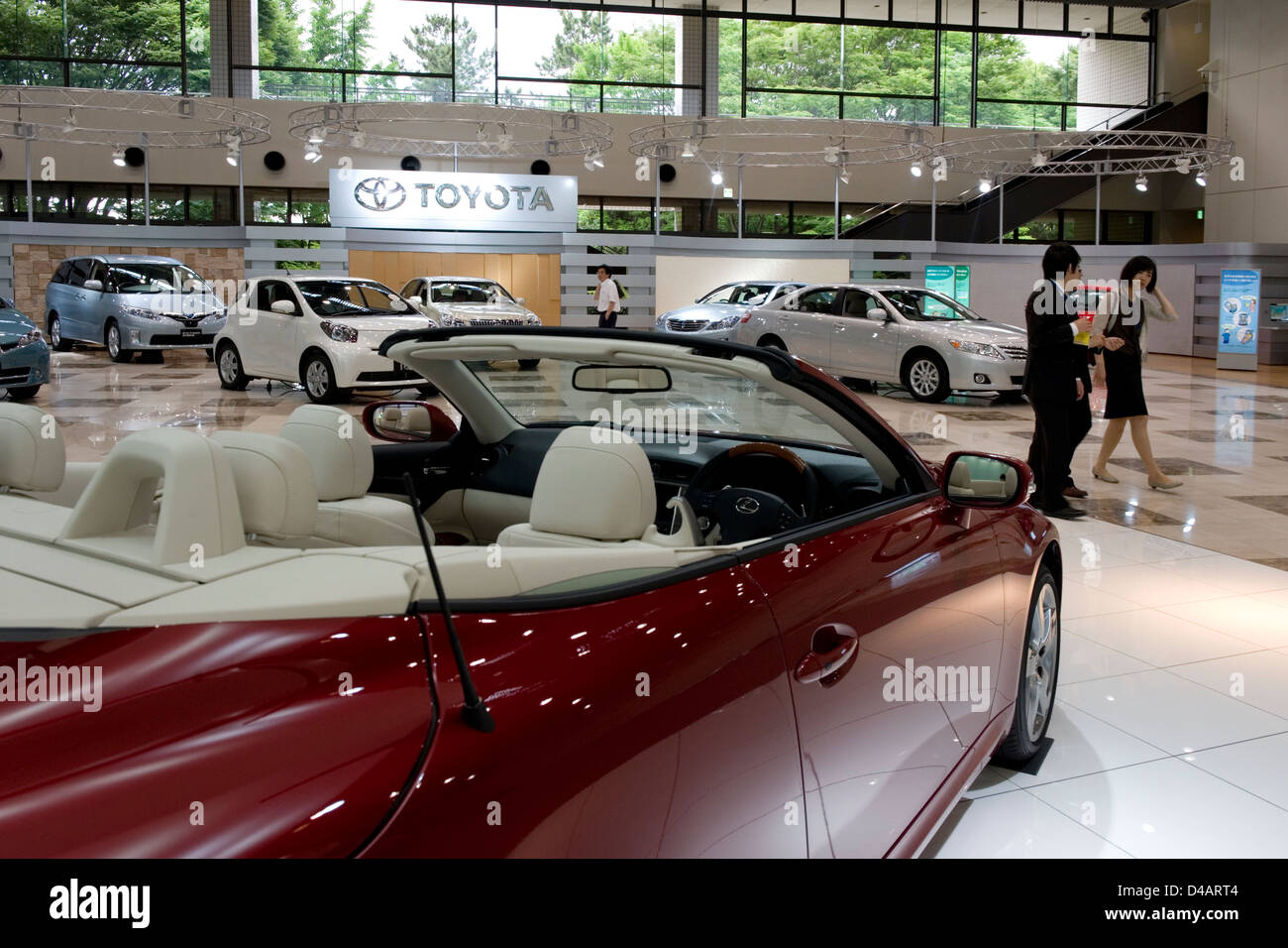 Latest model Toyota automobiles on display in a showroom at the Toyota