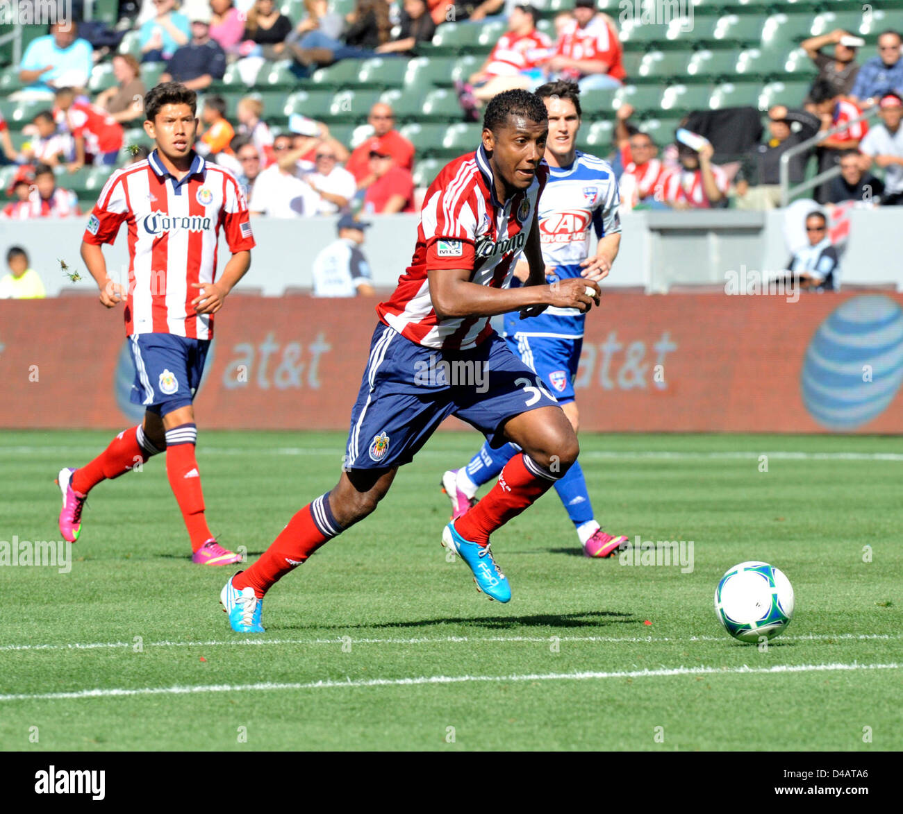 Carson, California, USA. 10th March 2013. CHIVAS USA mid fielder OSWALDO MINDA is on his way to scoring his first goal of the season during the second half of the match against FC Dallas.  Chivas USA won the match 3 to 1 at the Home Depot Center, Carson, California, USA, March 10. 2013..Credit Image cr  Scott Mitchell/ZUMA Press (Credit Image: Credit:  Scott Mitchell/ZUMAPRESS.com/Alamy Live News) Stock Photo