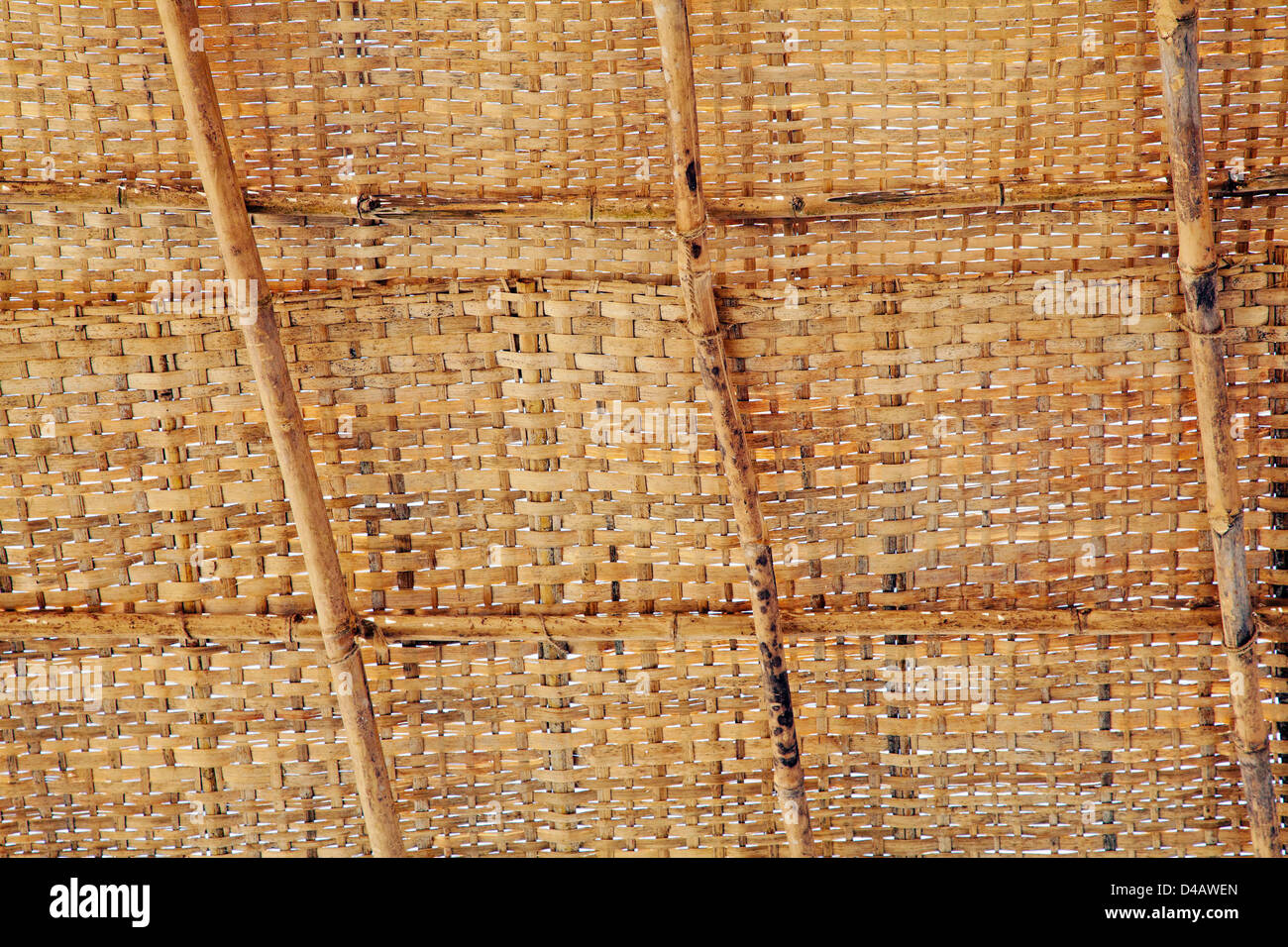 Texture of a bamboo shacks roof with coconut leaf weave and bamboo cane struts. Generic tropical shack construction Stock Photo